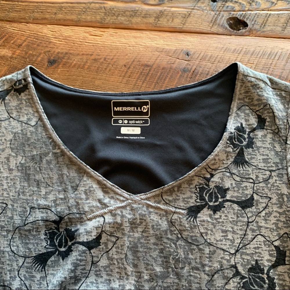 Merrell Opti Wick Dress Gray Black Floral Lined Hiking Outdoor V-Neck Cap Sleeve - Picture 5 of 11